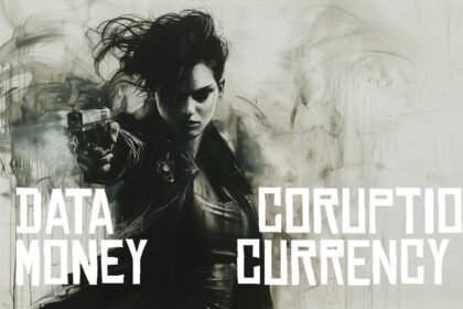 Cryptocurrencies in Danger City - dangerous woman in black firing gun at you drawn in black ink