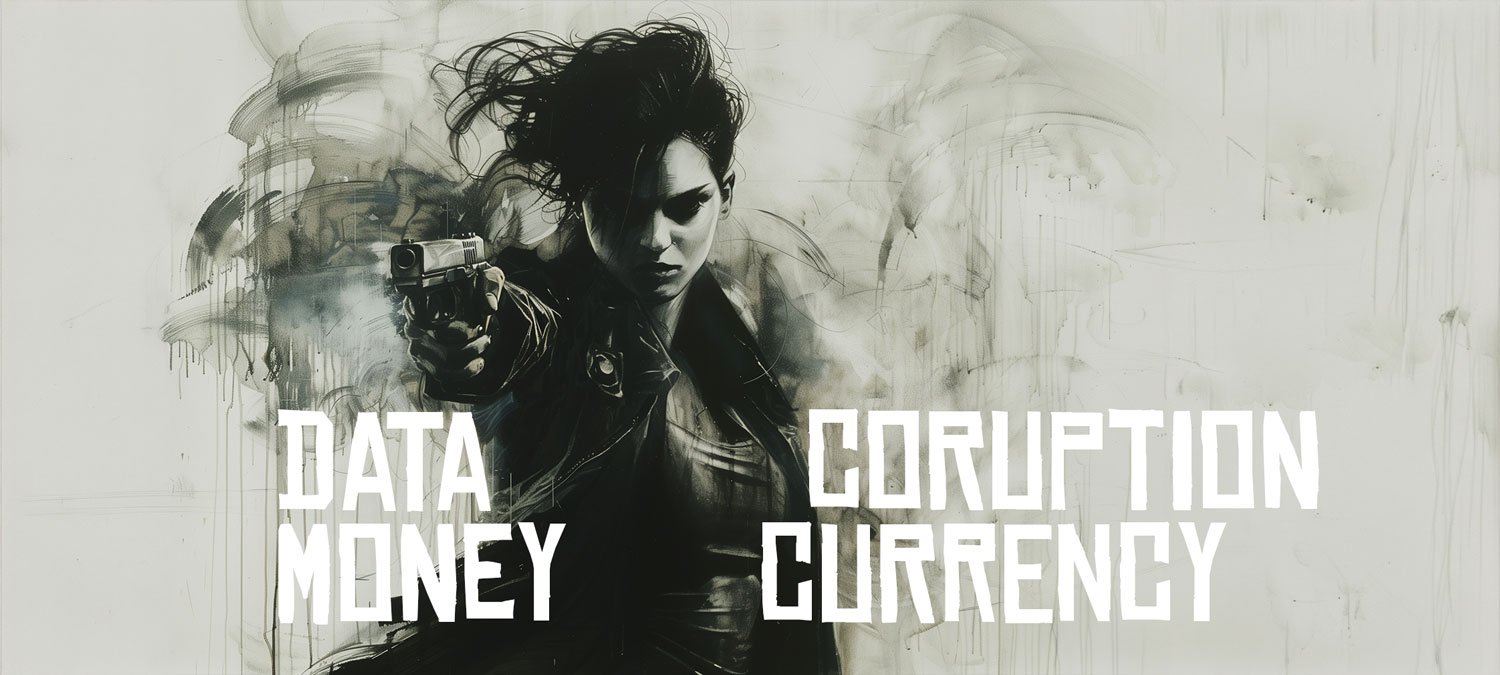 Cryptocurrencies in Danger City - dangerous woman in black firing gun at you drawn in black ink