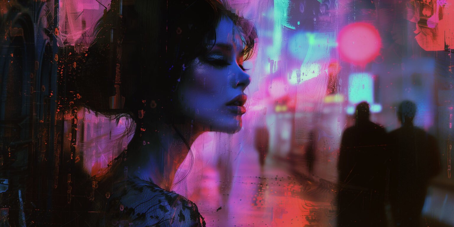 portrait of a beautiful woman in a busy neon noir city - The Zone