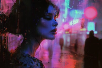 portrait of a beautiful woman in a busy neon noir city - The Zone