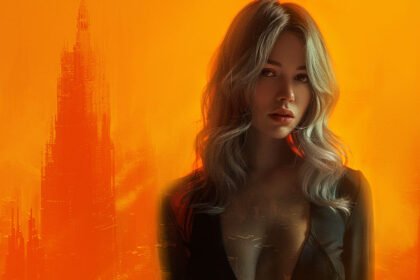 Valentina Dunn, "Vex" Silver haired model in black suit standing in orange neon heights city,
