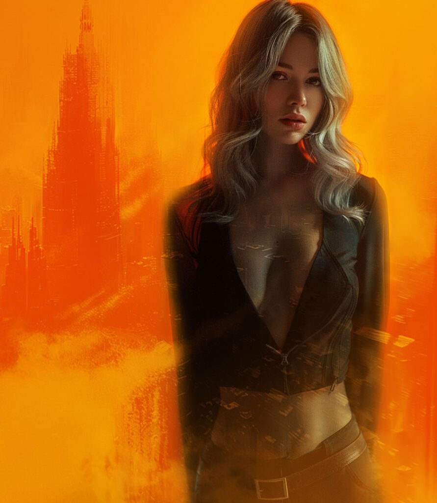 Valentina Dunn, "Vex" Silver haired model in black suit standing in orange neon heights city,