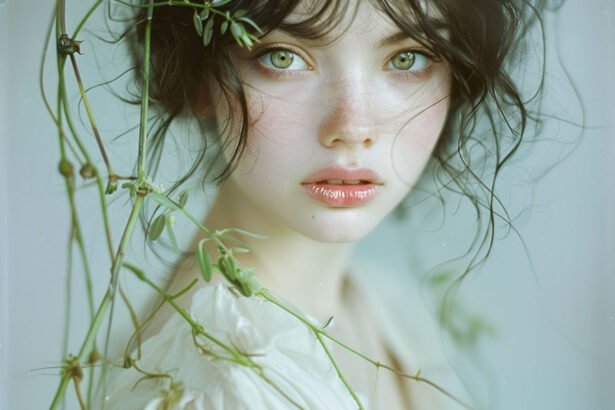 Portrait of Diona Briar in white robe covered in vines