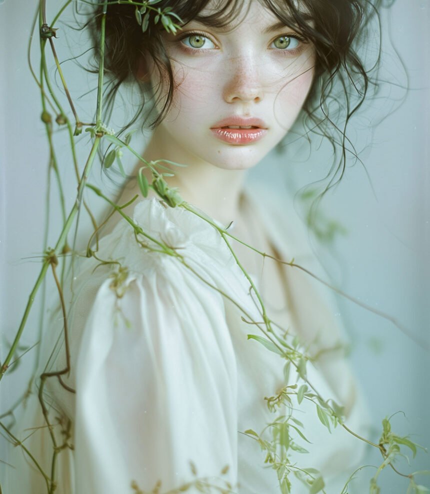 Portrait of Diona Briar in white robe covered in vines