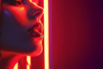 sexy red lips breathing life into erotica audio in neon lights