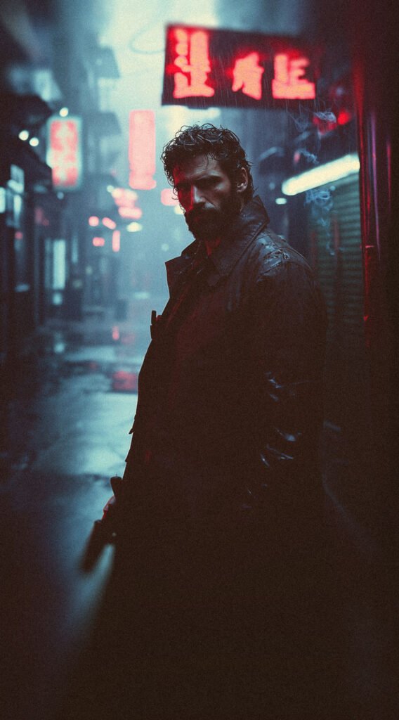 Nathaniel Crowe standing in a neon back alley