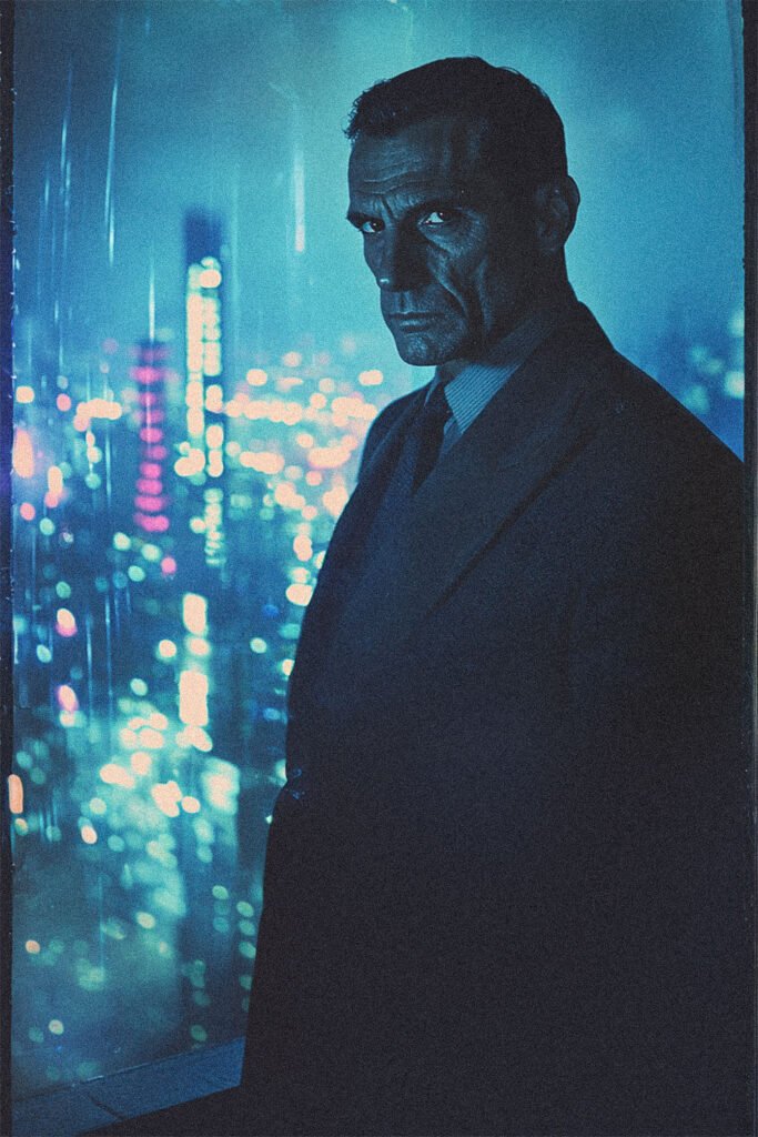 Big Boss CEO Victor Maddox standing in his high rise over a neon noir city